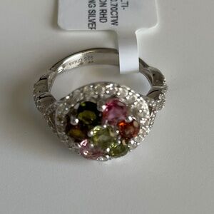 Multi Gem Ring with White Zircon, Round, over Sterling Silver size 6 NWT